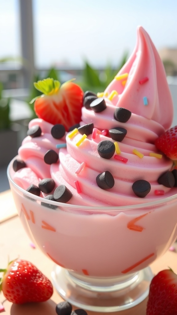 Jisoo Inspired Ice Cream Recipe A bowl of strawberry chocolate chip ice cream garnished with fresh strawberries and colorful sprinkles in a sunny outdoor setting.